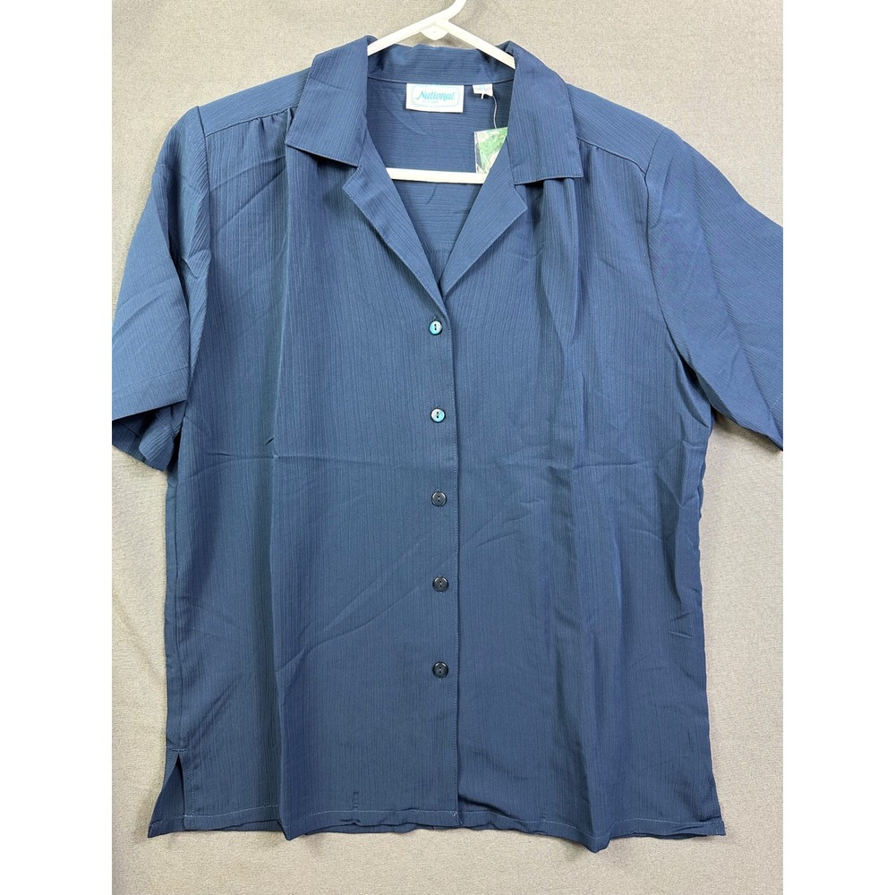 National Women Blue Short Sleeve Button Down Camp Shirt Textured 22970 M Medium